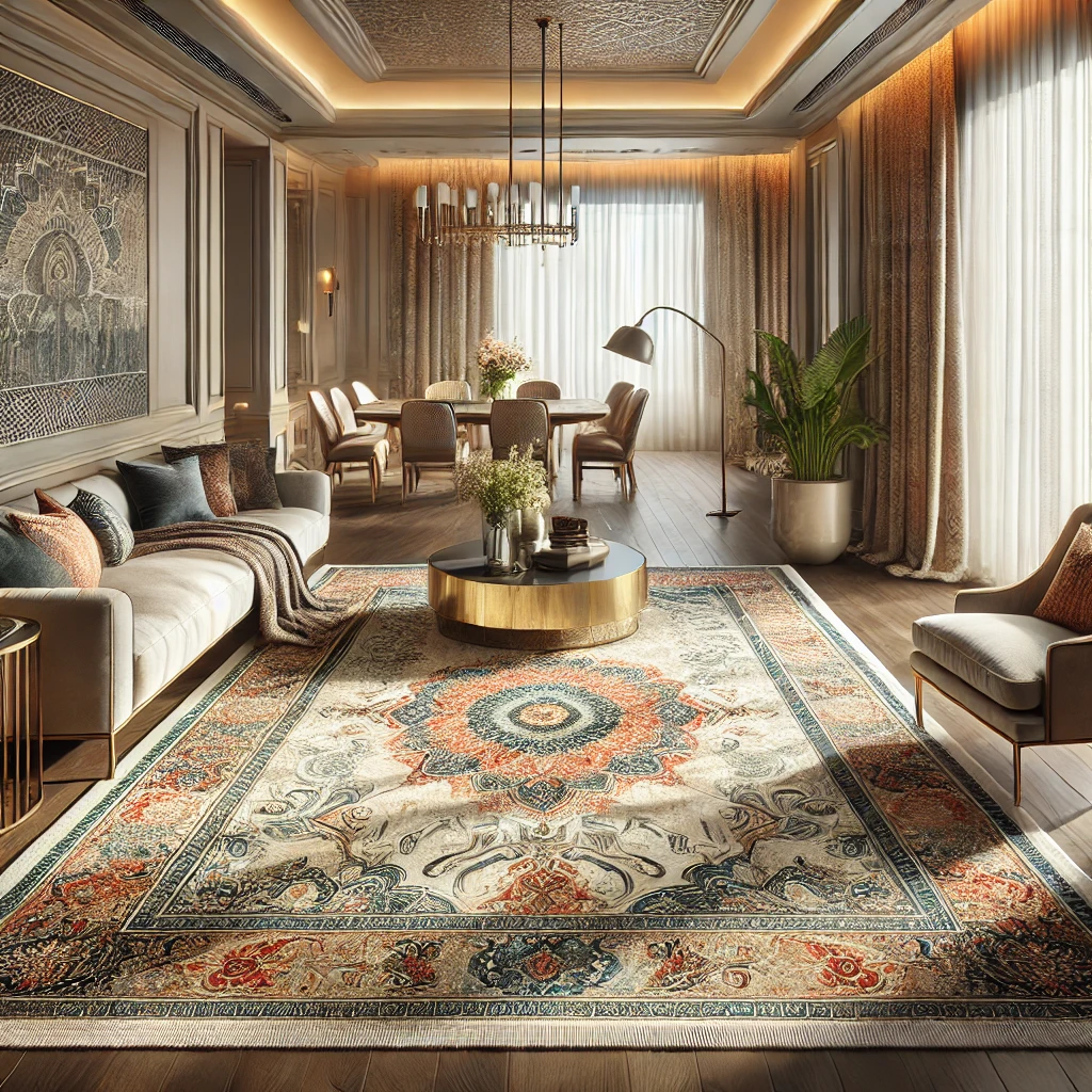 Memelihara Keindahan Karpet ruang tamu yang elegan dengan karpet besar yang memiliki pola rumit di tengah. Gambar ini menunjukkan suasana hangat dan nyaman yang dihasilkan dari kombinasi furnitur yang stylish dan pencahayaan alami dari jendela. Anda dapat melihatnya di atas.