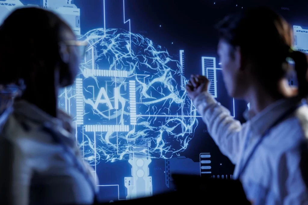 Futuristic AI search interface displaying conversational results for online information discovery