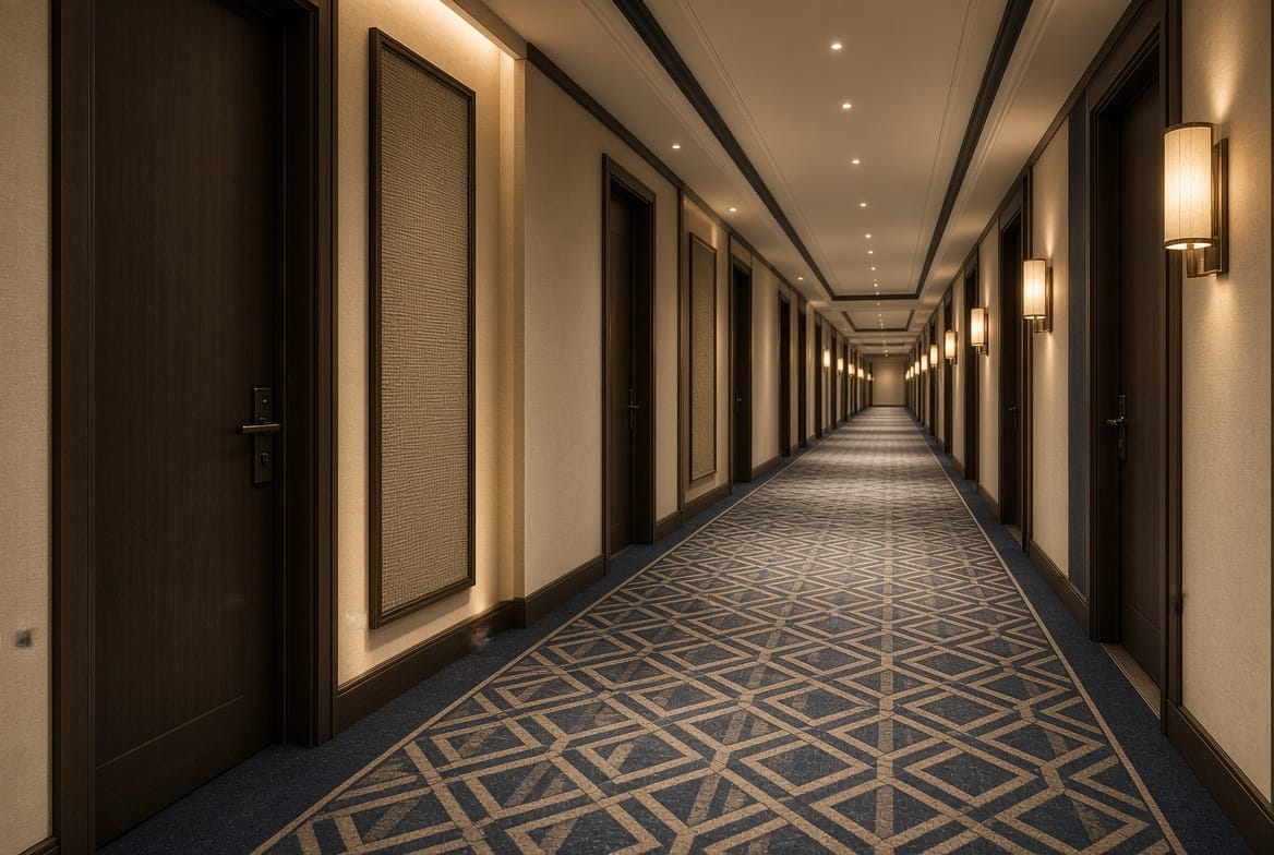 Custom carpet installed in a hotel corridor